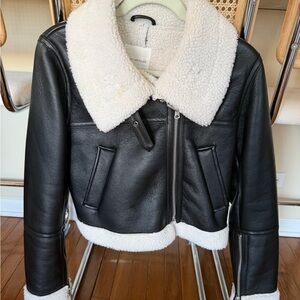 Avec Les Filles Black Leather Jacket with White Shearling